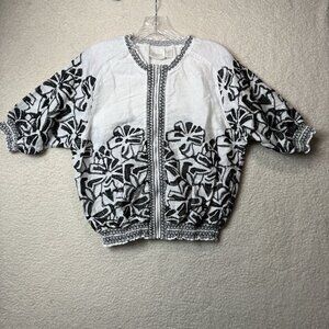 Chicos Linen Embroidered Smocked Jacket Top Zip Front Floral Abstract Size 1